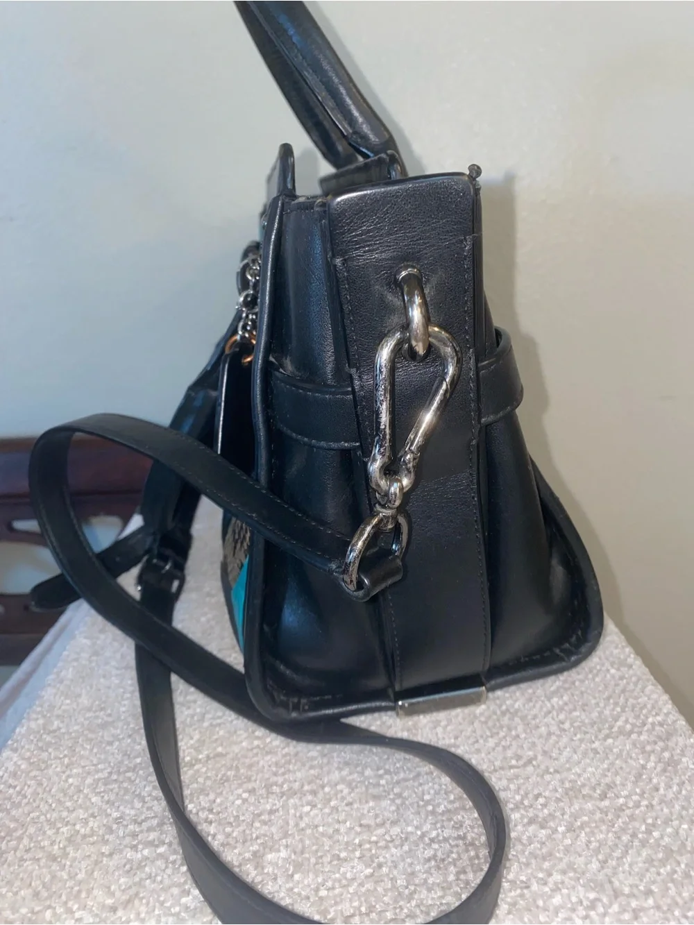 Coach Swagger 27 Carryall Quilt Leather Satchel Crossbody Bag Black Turquoise